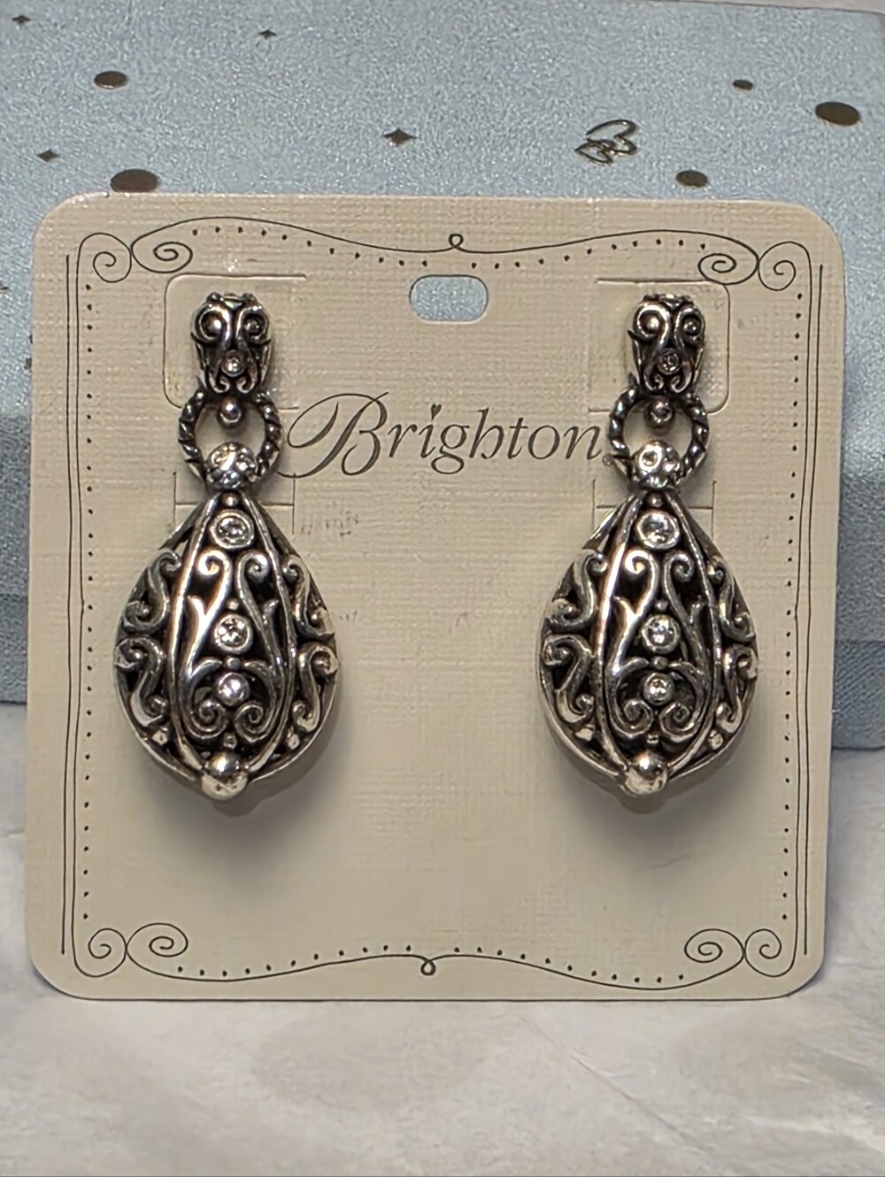 Brighton Bibi Silver Filigree Teardrop Statement Swarovski Crystal Earrings